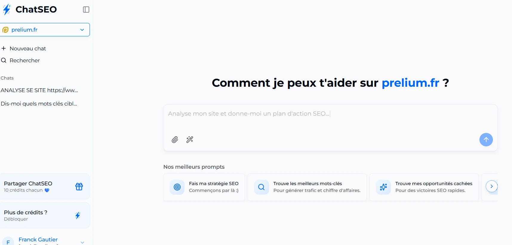 Capture d’écran ChatSEO : exemple d’interface et de résultats